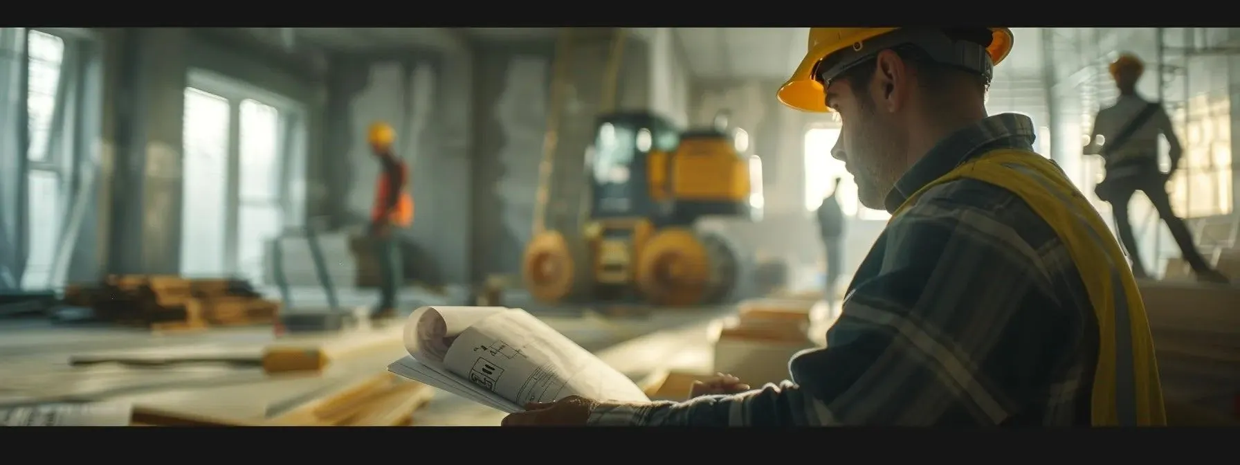 a builder examining architectural blueprints on a construction site, while a contractor supervises a team of workers in the background