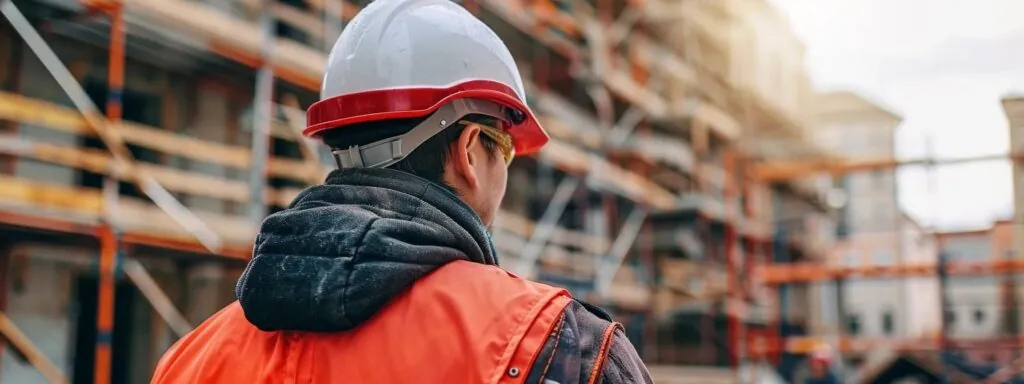 a construction worker in a hard hat overseeing a team of laborers at a building site, showcasing the contrast between a builder and contractor