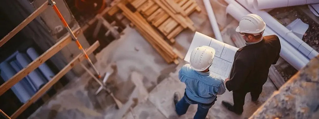 a builder in a hard hat examining blueprints on a construction site, while a contractor in a suit oversees the project