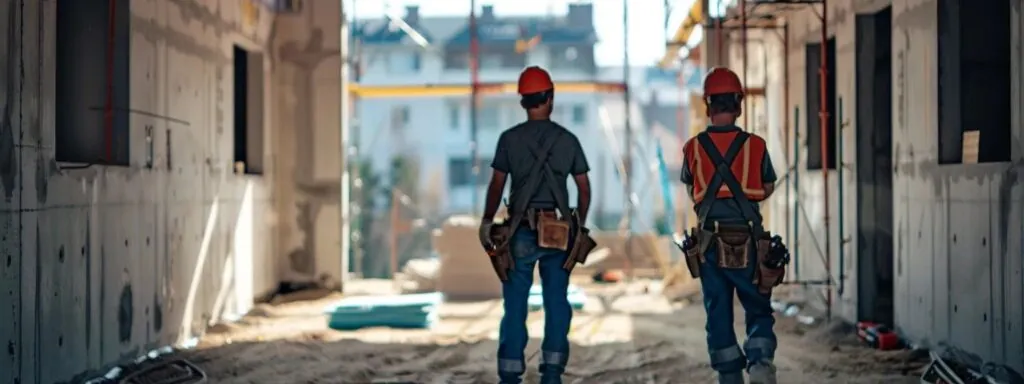 a builder in a hard hat and a contractor in a tool belt are standing back to back on a construction site, showcasing their contrasting roles