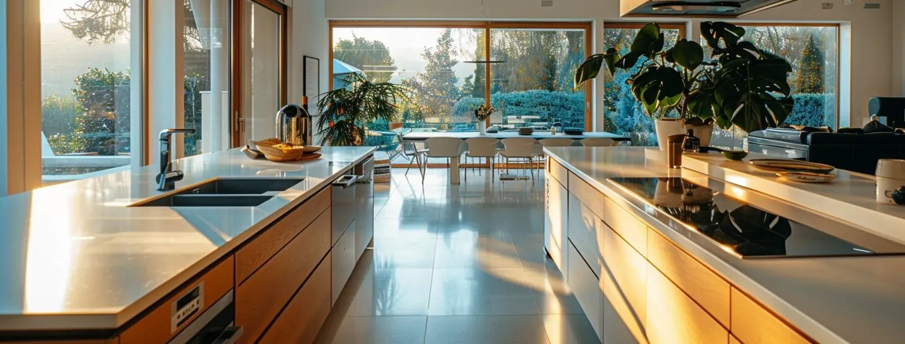 a spacious, airy kitchen with sleek countertops, modern appliances, and abundant natural light streaming in through large windows