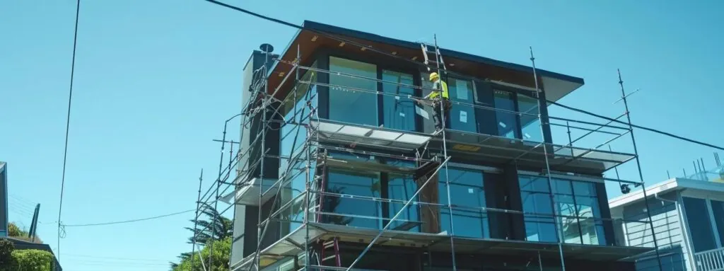 a construction worker standing on scaffolding, adding a second story to a house with a clear blue sky in the background