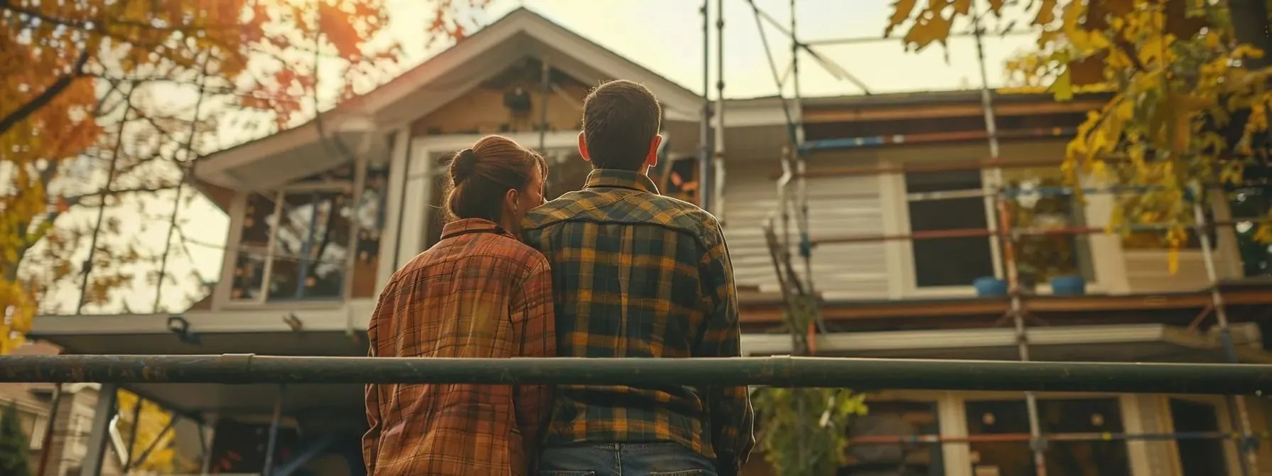 a couple overlooking their new second-story addition, beaming with pride and excitement, surrounded by scaffolding and construction tools