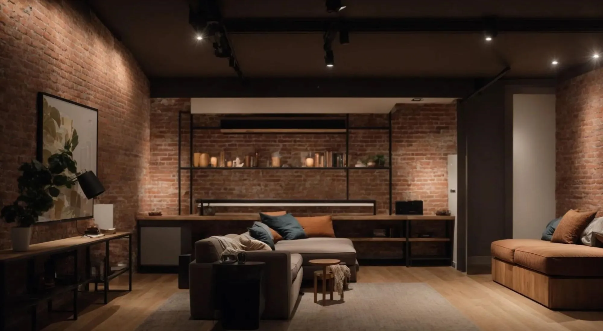 a cozy basement space with exposed brick walls, sleek modern furniture, and warm ambient lighting, showcasing the transformation process of a basement renovation