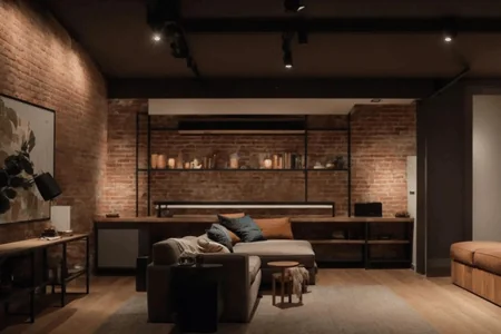 a cozy basement space with exposed brick walls, sleek modern furniture, and warm ambient lighting, showcasing the transformation process of a basement renovation - ADVANCED Builders Company