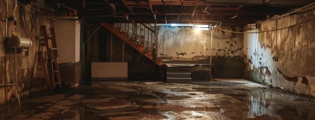 a dimly lit basement with water stains on the walls, concrete floors, and structural beams, showcasing the starting point for a renovation project