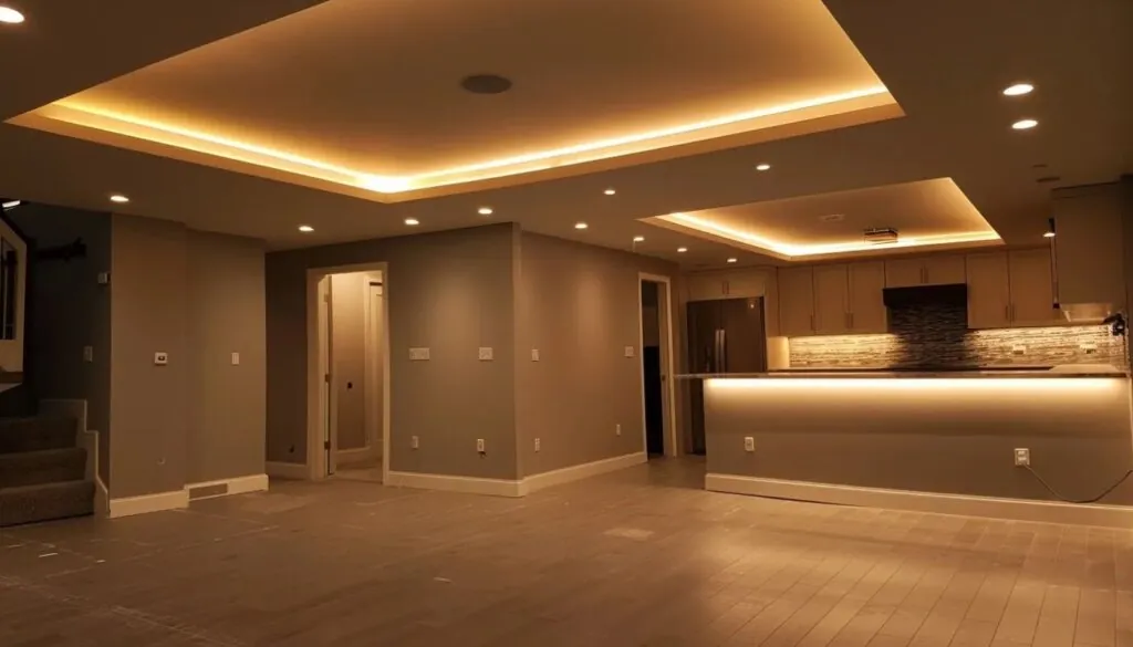 basement remodel with complete lighting fixtures in the ceiling and drywall