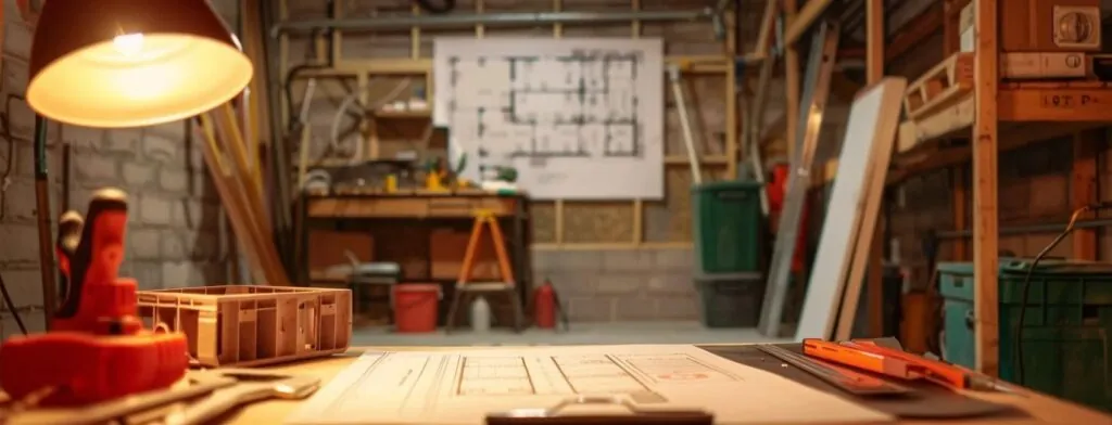 basement space with a detailed floor plan sketch and budget breakdown on a clipboard, surrounded by tools and renovation materials