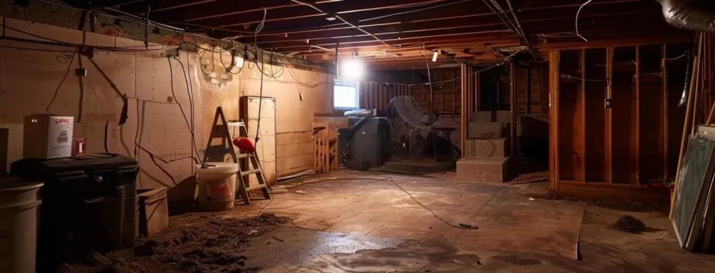 basement with damp spots on the walls and cracks on the floor, showcasing the initial assessment stage of a renovation project