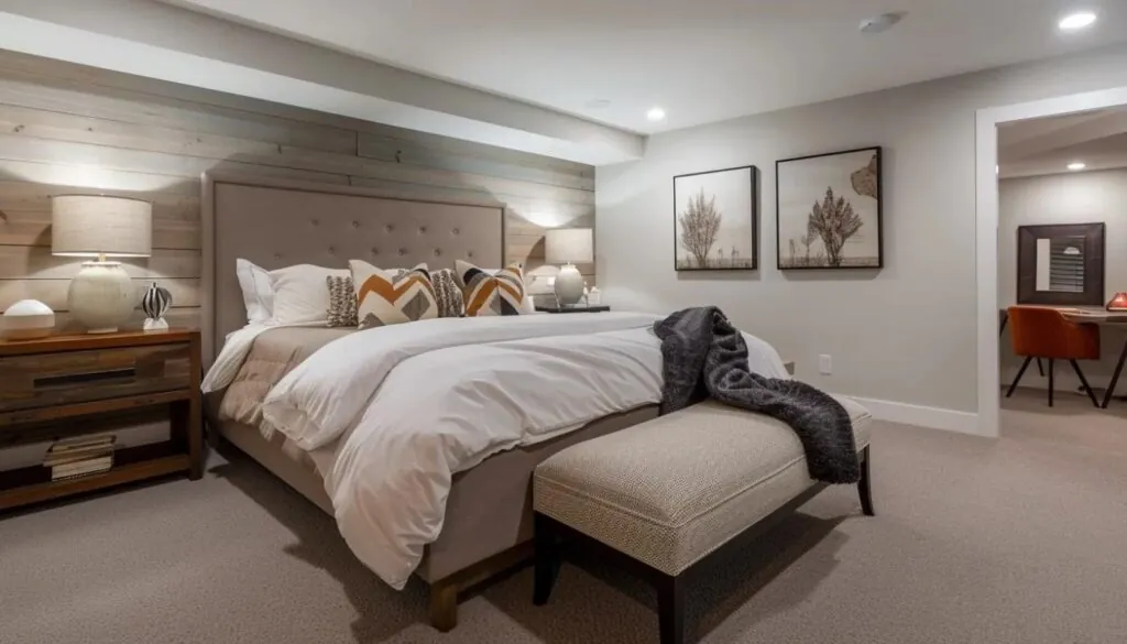 a sleek, modern basement bedroom with clever storage solutions and bright interior design showcasing innovative design and maximizing space