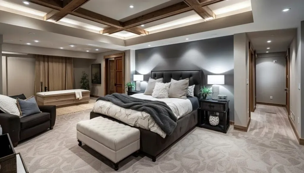 a spacious, modern basement bedroom featuring sleek storage solutions and soft, ambient lighting, designed to maximize space and create an inviting atmosphere